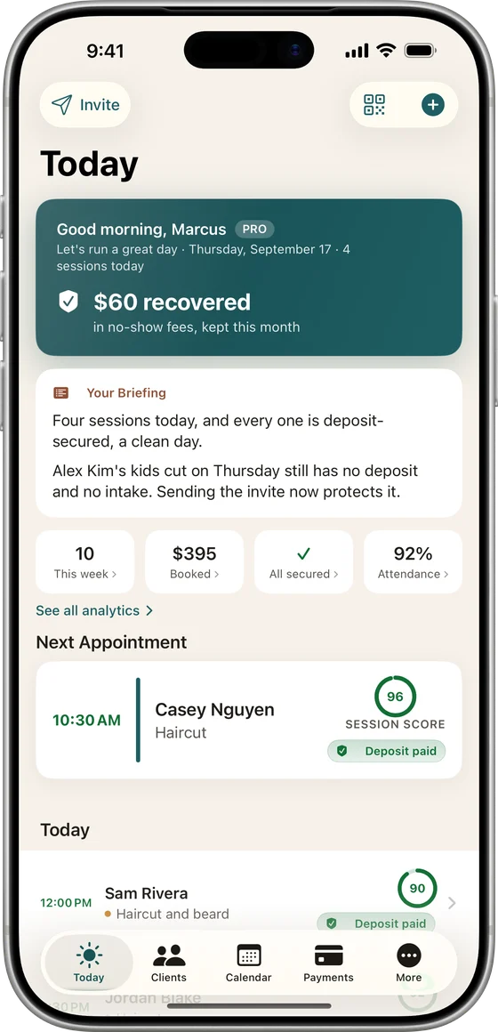 Sessurely's Today screen on an iPhone: the day's appointments, deposits paid and $60 recovered in no-show fees